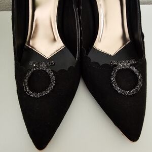 Vintage 80s Maximalist Shoe Clips Round Black Rhinestones